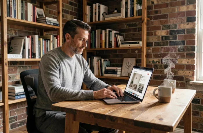 Homme comparant deux sites de décoration habitat sur un ordinateur portable dans un bureau à domicile