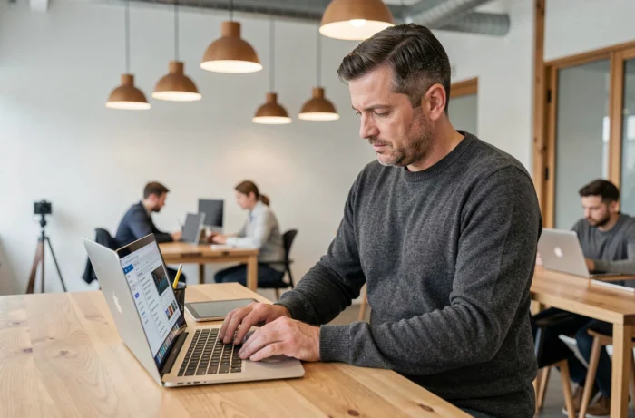 Homme utilisant un laptop et une tablette dans un espace de coworking pour suivre les outils numériques et tendances web