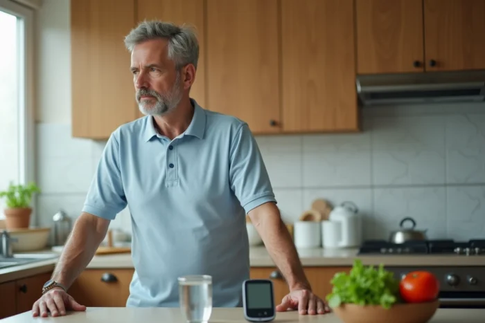 Homme d'âge mûr dans sa cuisine gérant son diabète avec un glucomètre et des légumes frais, montrant des signes visibles de transpiration liée au diabète