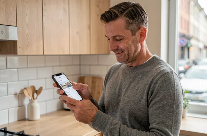 Homme envoyant une carte postale personnalisée depuis son smartphone dans une cuisine moderne