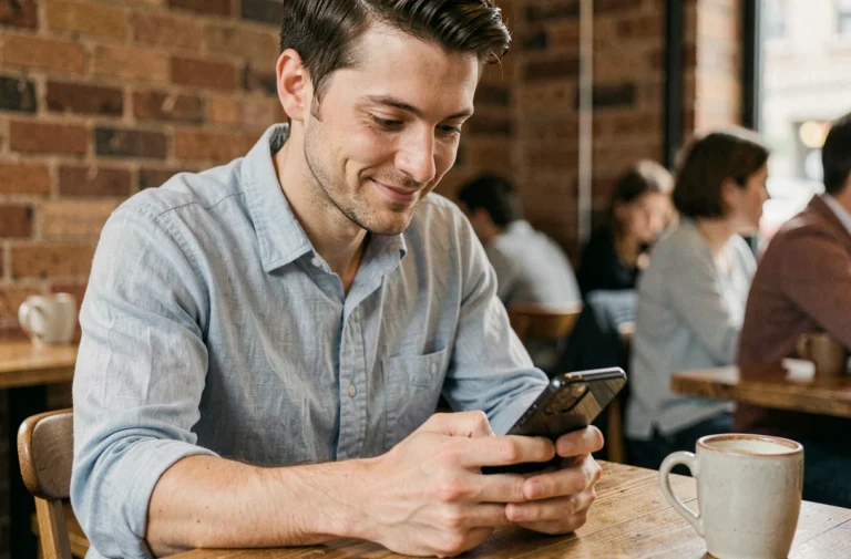 Homme hésitant à envoyer un message 'coucou toi' sur son smartphone dans un café urbain
