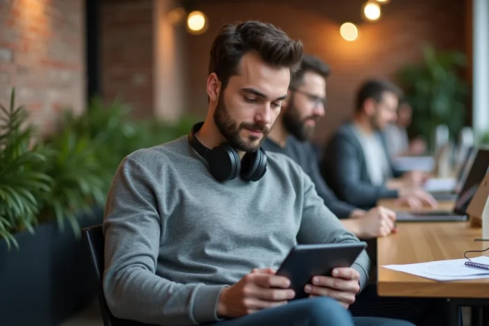 Jeune homme en formation professionnelle certifiée dans un espace de coworking moderne