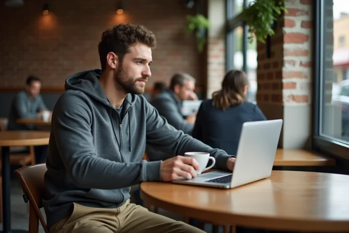 Un homme consulte une formation pet sitter en ligne sur son ordinateur portable dans un café urbain