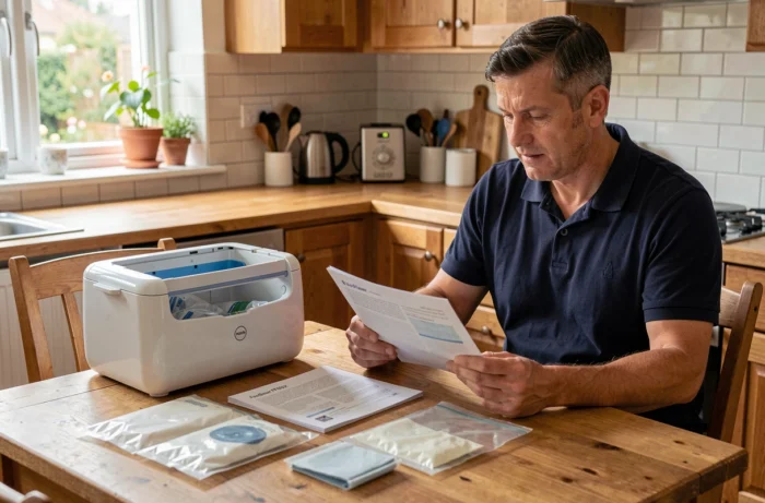 Homme lisant le manuel d'utilisation du FoodSaver FFS005X avec les accessoires disposés sur une table en bois