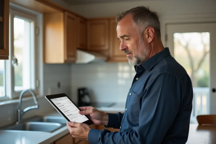 Homme naviguant sur le plan du site Infolocale depuis une tablette dans une cuisine contemporaine