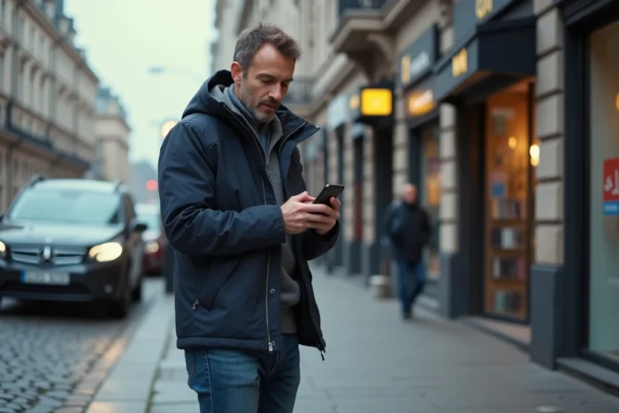 Homme en ville consultant son téléphone pour partager sa localisation Michelin avec ses proches dans la rue