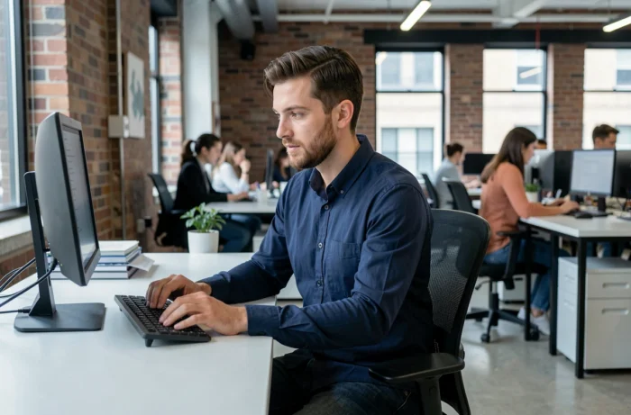 Jeune homme mettant à jour son profil professionnel sur ordinateur dans un espace de coworking