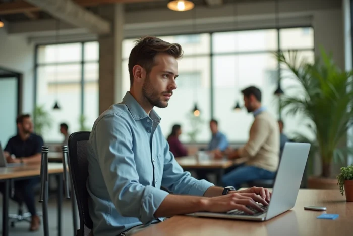 Jeune homme avec prothèse de jambe travaillant dans un bureau en open space, illustrant l'inclusion professionnelle des personnes à mobilité réduite