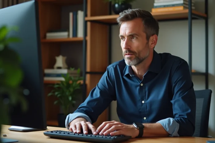 Homme rédigeant un e-mail professionnel avec une formule de politesse adaptée depuis son bureau à domicile