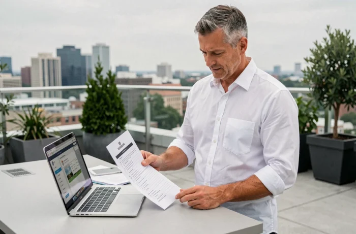 Homme consultant une liste de contrôle pour rédiger une pétition efficace sur une terrasse de bureau urbaine