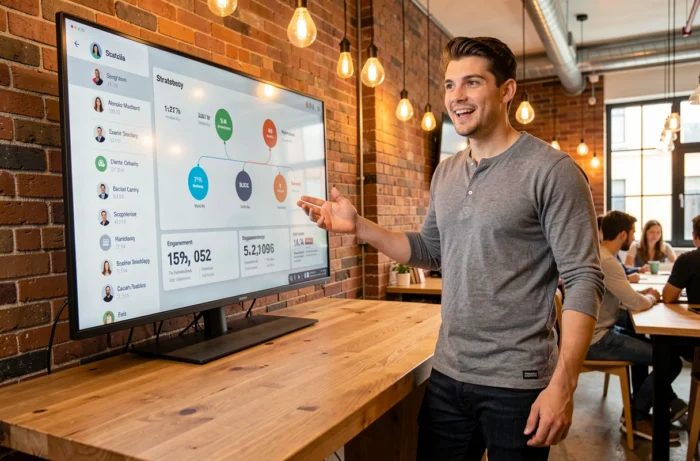 Jeune homme créatif présentant une stratégie de présence en ligne sur un écran tactile dans un espace de co-working moderne