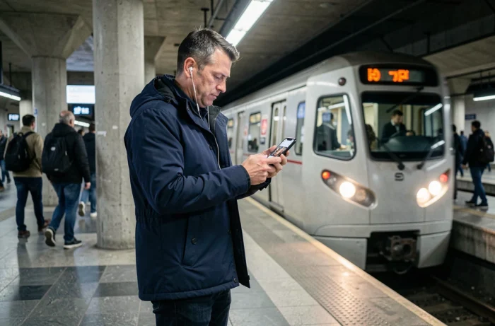 Homme consultant ses séries TV en streaming sur smartphone dans une station de métro urbaine