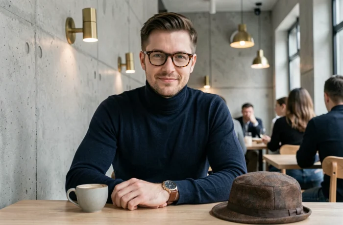 Homme tendance dans un café minimaliste portant une montre en cuir, lunettes en acétate et casquette plate posée sur la table