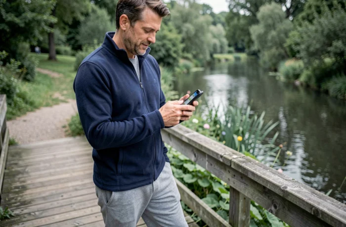 Homme consultant son application de pas sur smartphone sur un pont en bois entouré de verdure