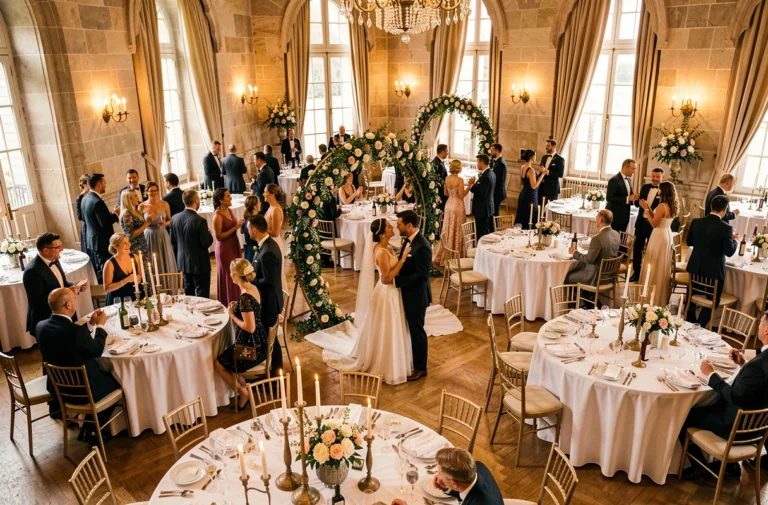 Réception de mariage animée dans un château avec décoration florale, invités souriants et couple dansant