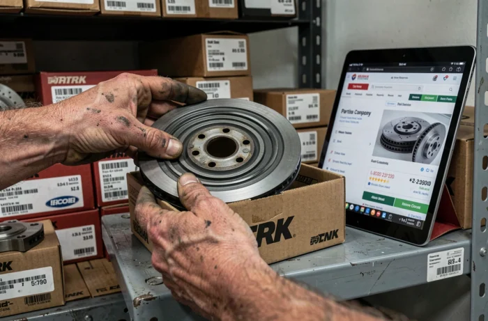 Gros plan sur l'inspection d'un disque de frein neuf acheté en ligne pour entretien véhicule
