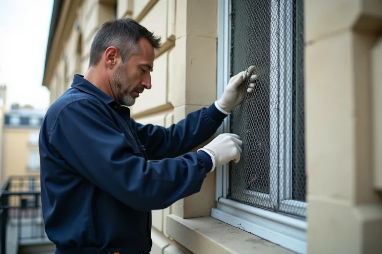 Technicien installant un grillage de protection sur une fenêtre d'immeuble en copropriété à Paris