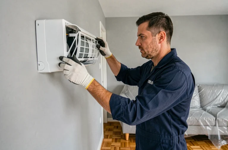 Technicien en climatisation installant une unité intérieure murale dans un salon moderne