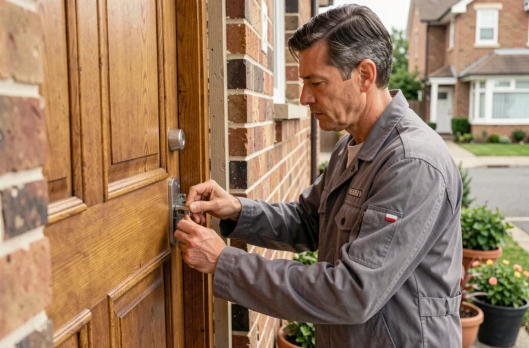 Homme installant un verrou renforcé sur une porte d'entrée en bois massif pour sécuriser une maison