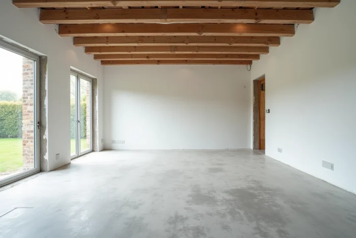 Intérieur d'une maison en cours de construction avec murs en plâtre brut, sol en béton et ouvertures sur jardin