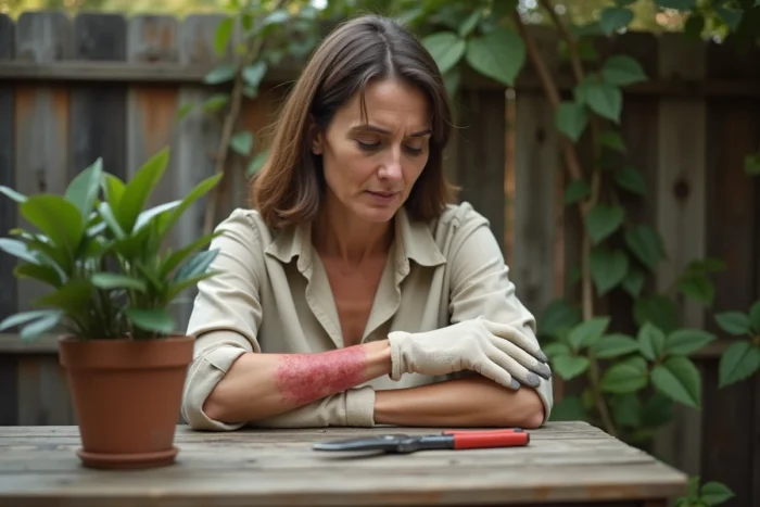 Femme examinant une irritation cutanée sur l'avant-bras après contact avec un figuier dans un jardin