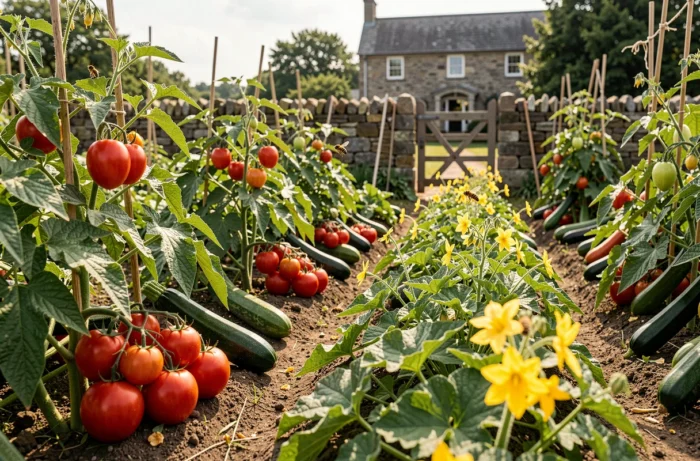 Jardin potager biologique luxuriant avec des abeilles butinant parmi les fleurs de légumes en pleine saison estivale