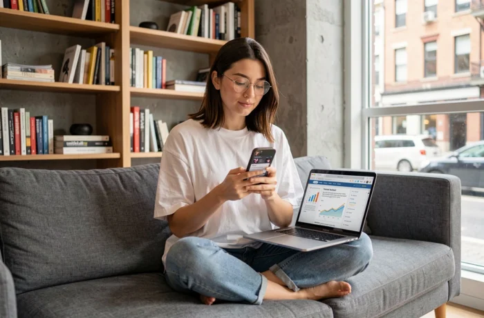 Jeune femme connectée chez elle consultant l'actualité web et les nouvelles tendances numériques sur smartphone et ordinateur