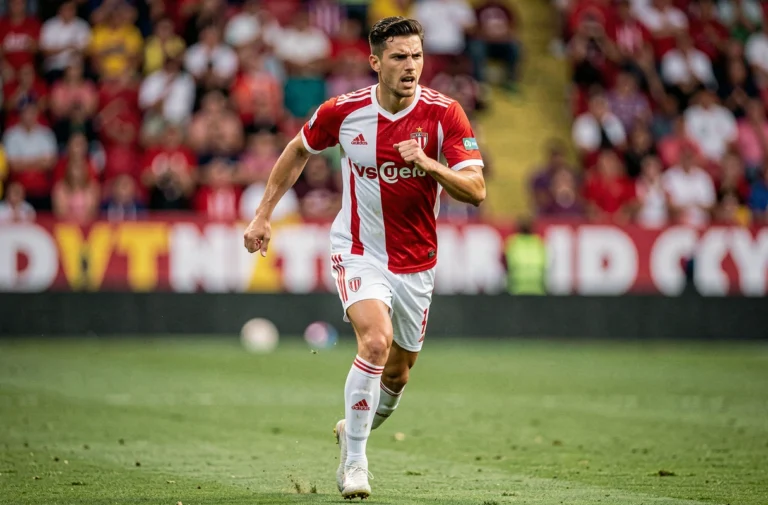 Joueur de football professionnel en pleine course sur un terrain de match avec des tribunes bondées en arrière-plan