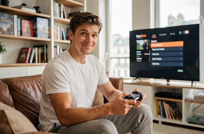 Jeune joueur français assis dans son appartement parisien avec manette de jeu, ambiance décontractée et cadre urbain en arrière-plan