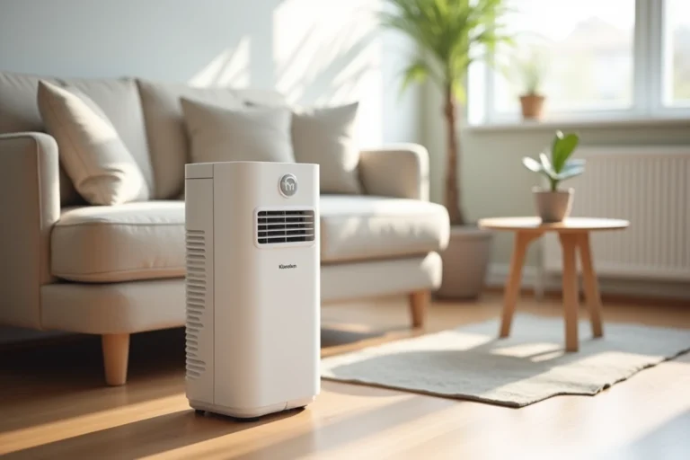 Climatiseur mobile Klarstein Maxfresh 6 litres posé sur un parquet en bois clair dans un salon scandinave moderne