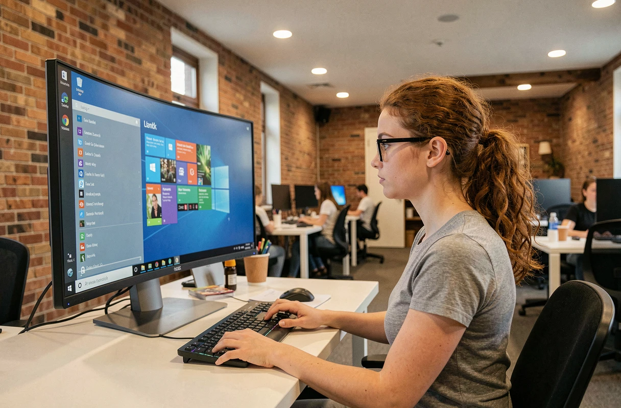 Jeune femme travaillant sur une distribution Linux ressemblant à Windows dans un espace de co-working moderne