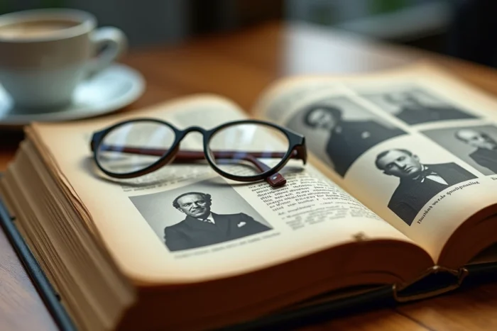 Livre biographique vintage ouvert avec photos noir et blanc et annotations manuscrites sur la vie d'un chanteur des années 70
