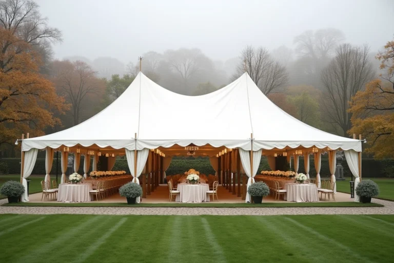 Chapiteau mariage élégant installé dans un parc parisien avec tables décorées et chaises dorées visibles sous la toile blanche