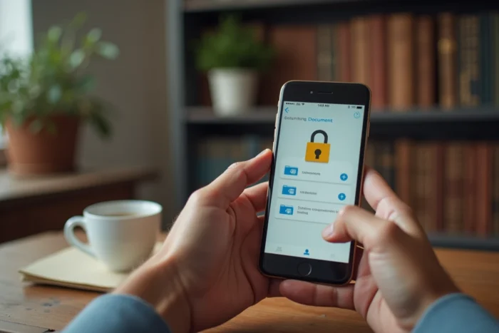 Mains tenant un smartphone avec application de coffre-fort numérique sécurisé lors de l'archivage de documents papier