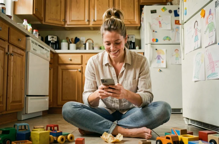 Maman épuisée mais souriante assise sur le sol de sa cuisine entourée de jouets, consultant son téléphone avec soulagement — illustration d'un blog parental déculpabilisant