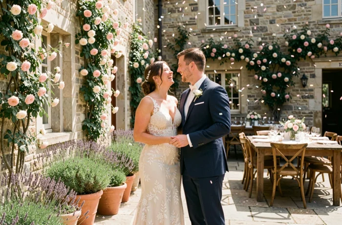 Mariés riant aux éclats entourés de confettis dans un jardin fleuri lors d'un mariage élégant en plein air