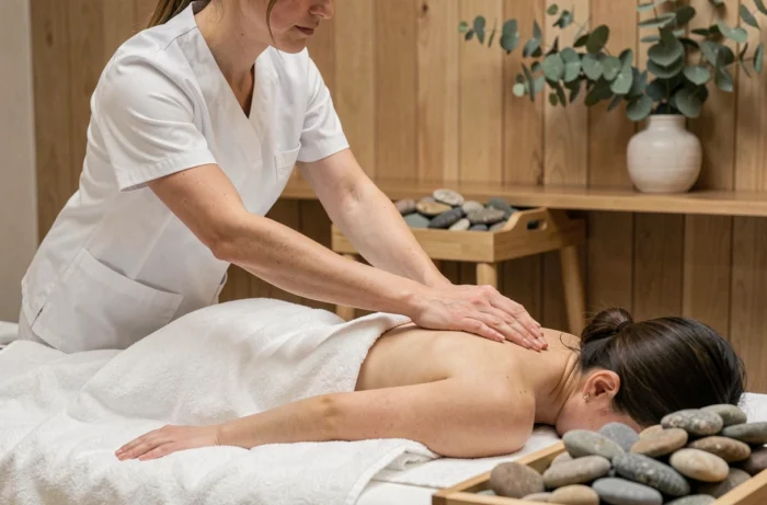 Thérapeute réalisant un massage relaxant sur une cliente allongée dans un spa aux tons naturels apaisants