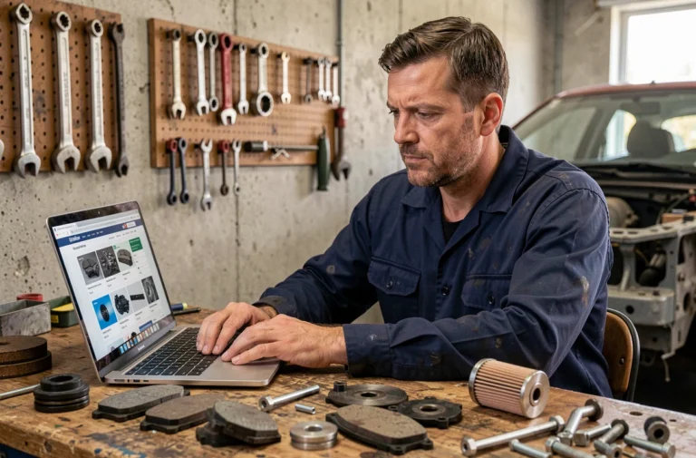 Mécanicien consultant un catalogue de pièces auto en ligne depuis son atelier