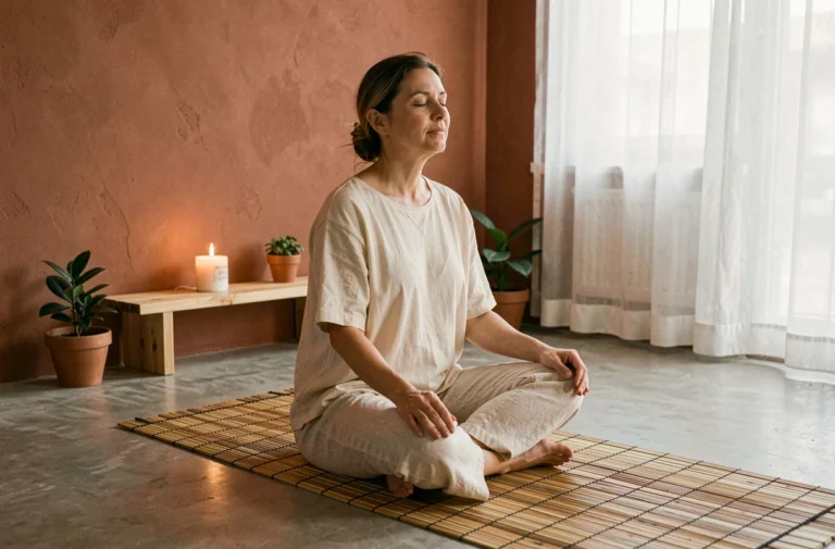 Femme pratiquant la méditation assise sur un tapis de yoga dans un studio bien-être minimaliste aux tons chauds