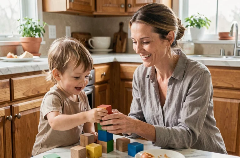 Mère aidant son jeune enfant à jouer avec des cubes en bois dans une cuisine familiale lumineuse