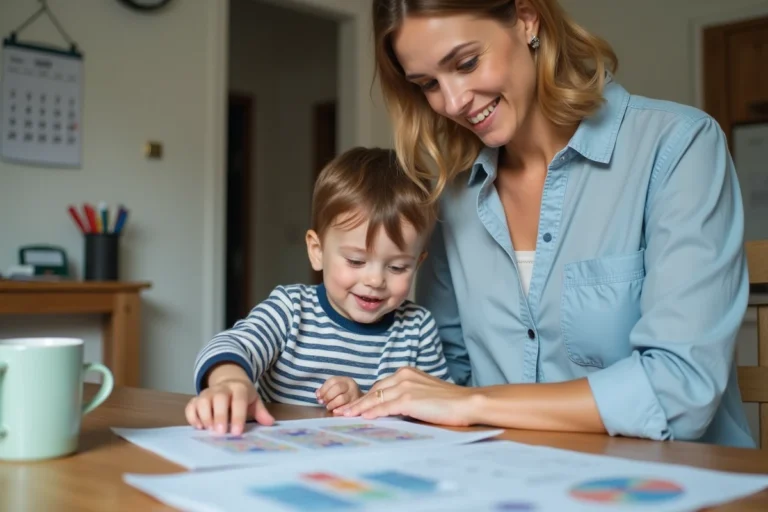 Mère et enfant de 4 ans examinant des documents d'aide CAF à la maison