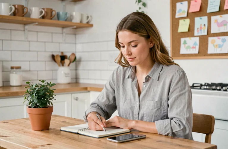 Mère moderne organisant le planning familial dans une cuisine scandinave avec carnet et smartphone