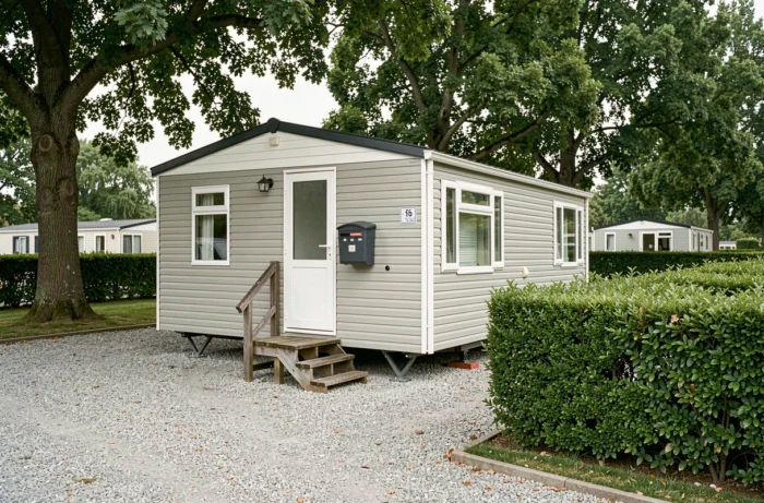 Mobil-home résidentiel avec boîte aux lettres dans un camping en France symbolisant une domiciliation officielle