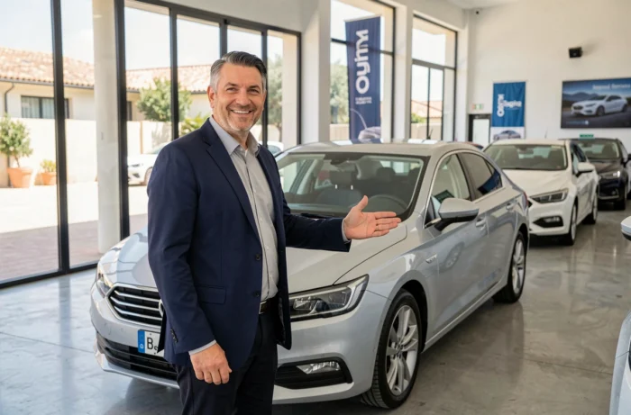 Vendeur automobile présentant un nouveau modèle de berline dans une concession moderne à Rognac