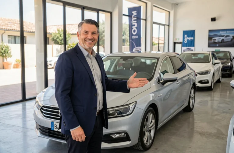 Vendeur automobile présentant un nouveau modèle de berline dans une concession moderne à Rognac
