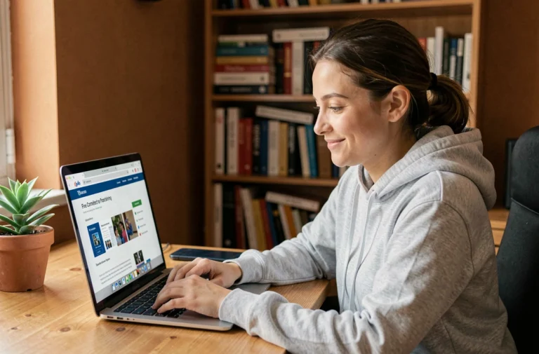 Jeune femme utilisant un ordinateur portable obtenu gratuitement grâce à des astuces en ligne, assise dans un bureau à domicile