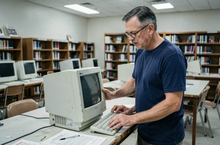 Homme d'âge moyen inspectant un ordinateur reconditionné gratuit dans une bibliothèque ou un centre communautaire public