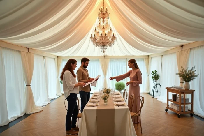 Couple discutant du plan d'aménagement d'un chapiteau de mariage avec une organisatrice d'événements à l'intérieur d'une tente décorée à Paris