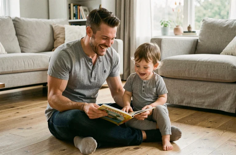 Papa assis par terre avec son enfant en bas âge, feuilletant un livre illustré dans un salon moderne et chaleureux