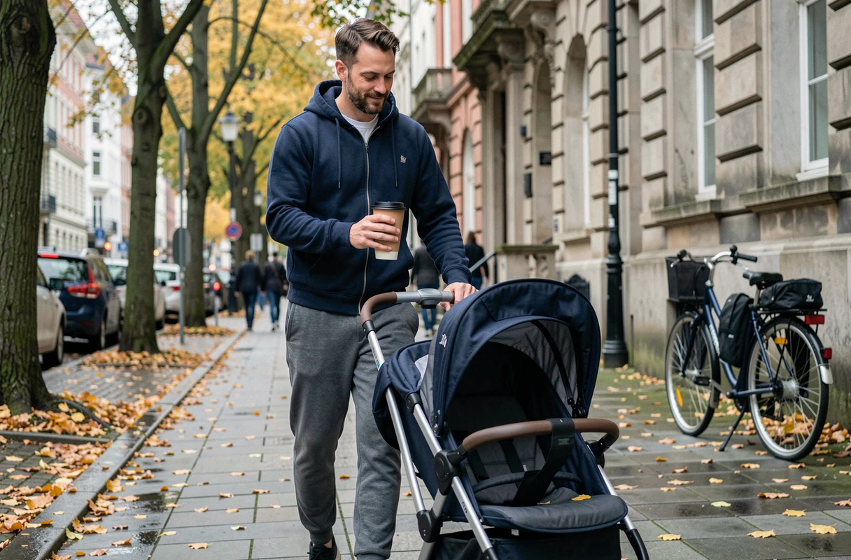 Papa promenant son bébé en poussette sur un trottoir urbain en automne, feuilles dorées au sol, ambiance détendue